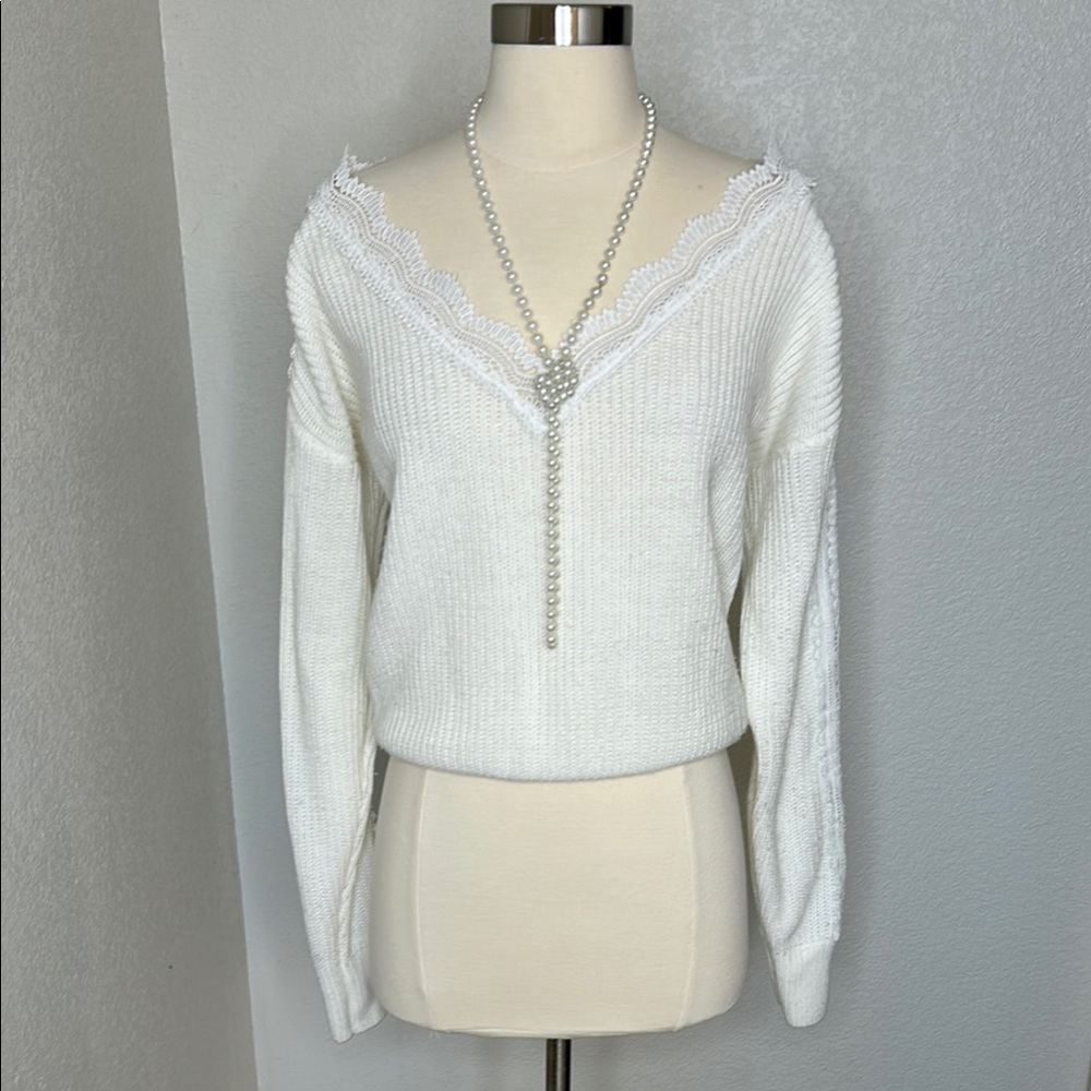 SHEIN White V-Neck Sweater with Cropped Fit